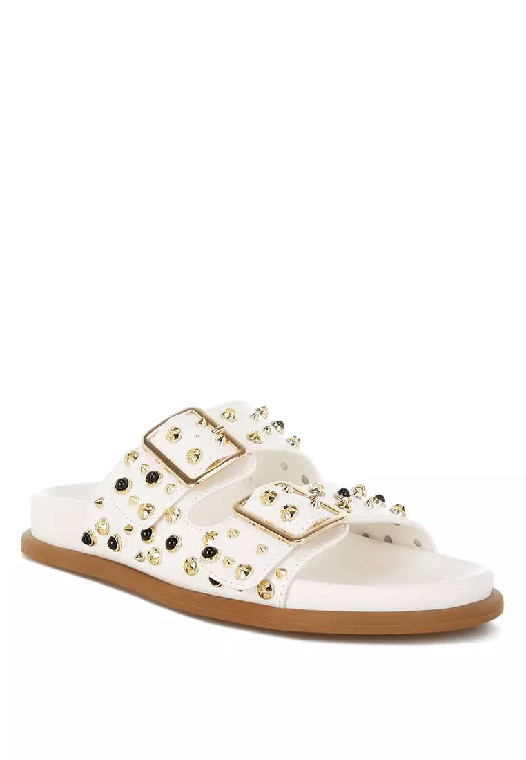 Metallic Stud Embellished Sliders In White