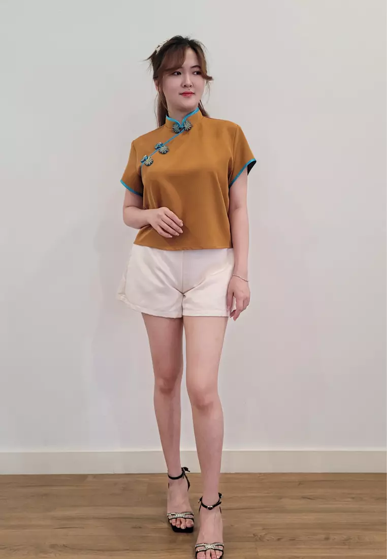 Ivory Cheongsam Top in Gold Mustard