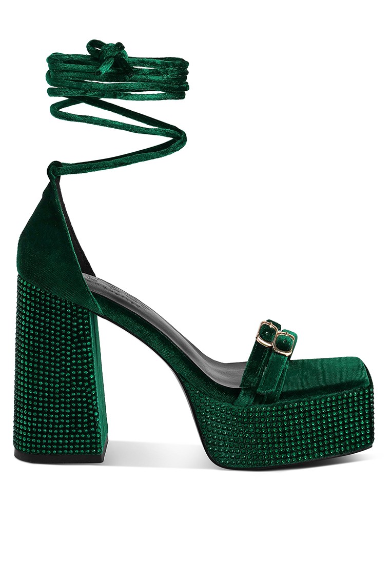 Green High Platform Diamante Lace Up Sandals