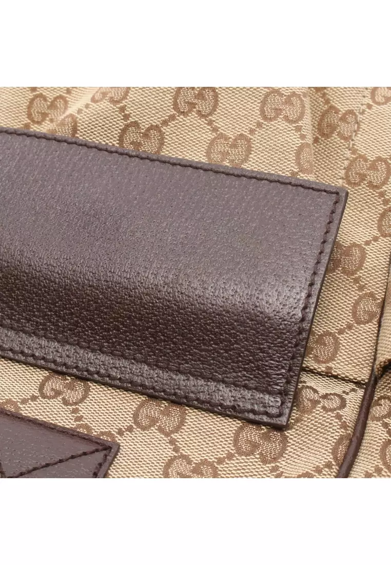 Pre-Loved Gucci sherry line GG canvas Handbag tote bag canvas leather beige Dark brown