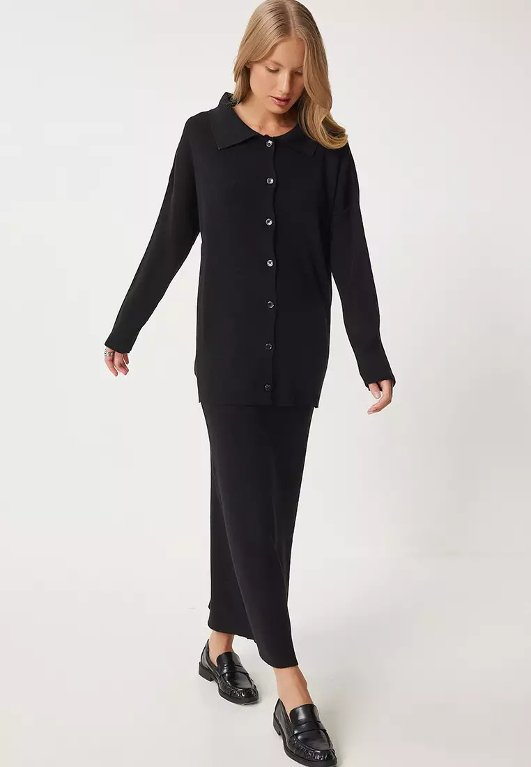 Polo Neck Knitwear Cardigan Skirt Set