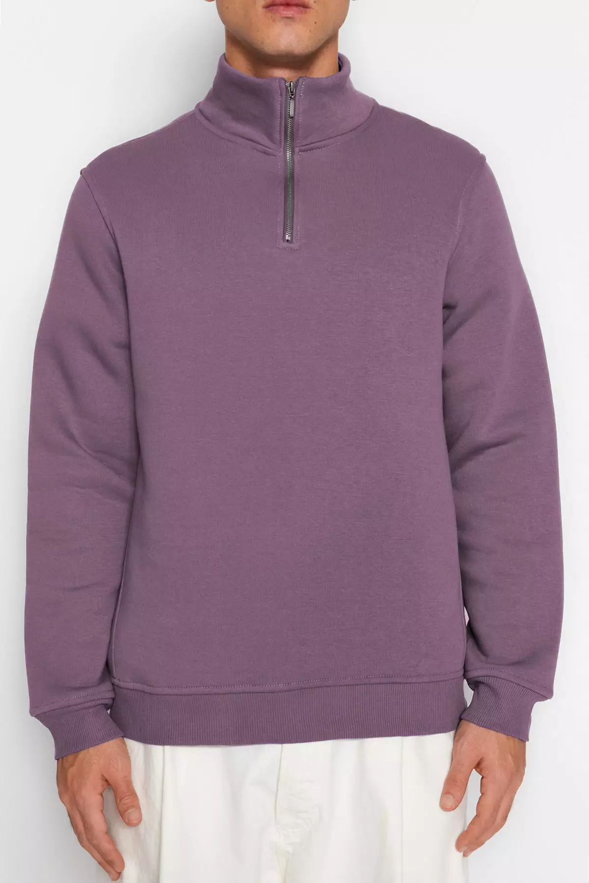 Purple Regular/Normal Cut Stand Collar Zippered Cotton Basic Polar Fleece Sweatshirt TMNAW24SW00041