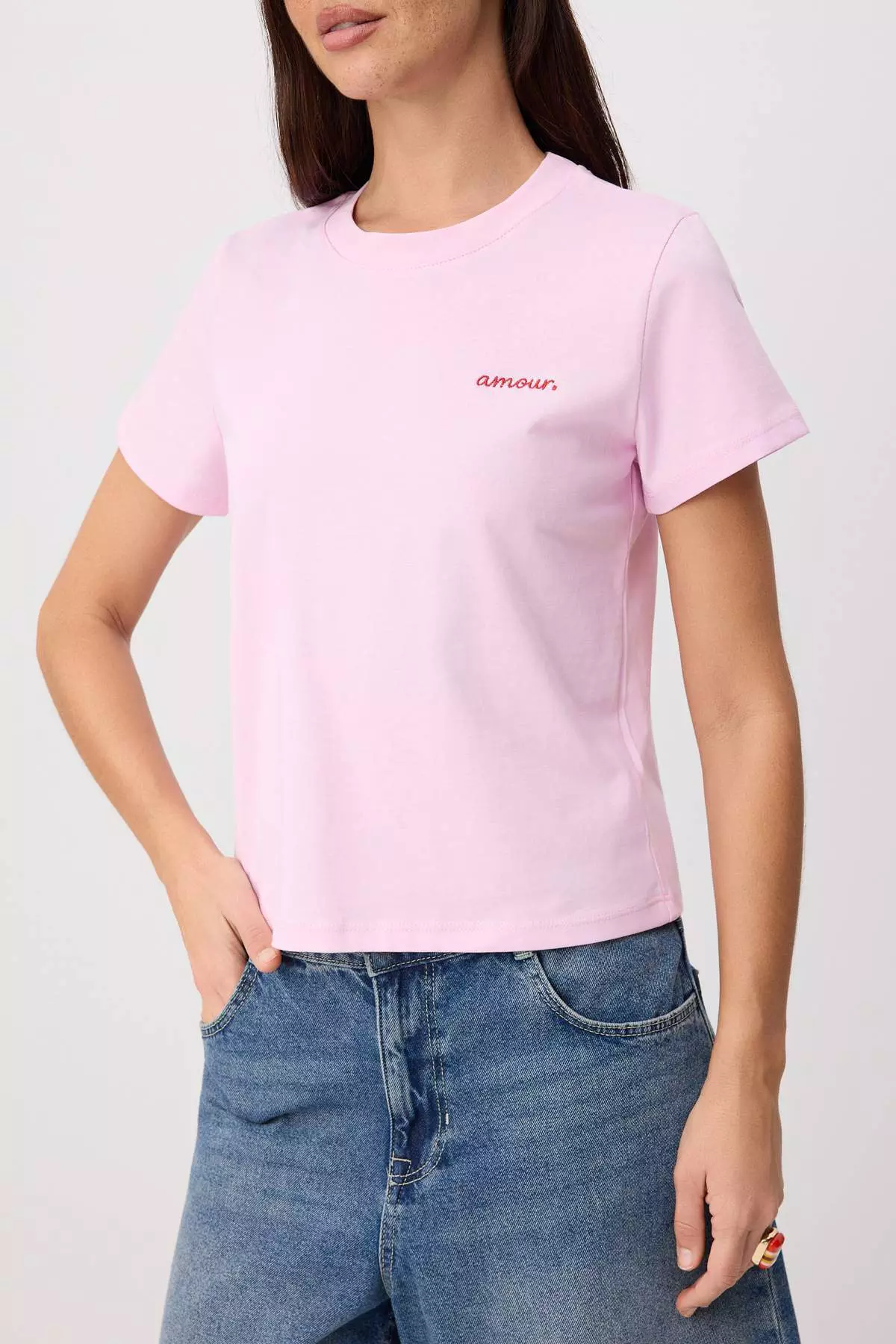 Pink Embroidered Regular Fit Short Sleeve 100% Cotton Knitted T-Shirt Twoss26Ts00124