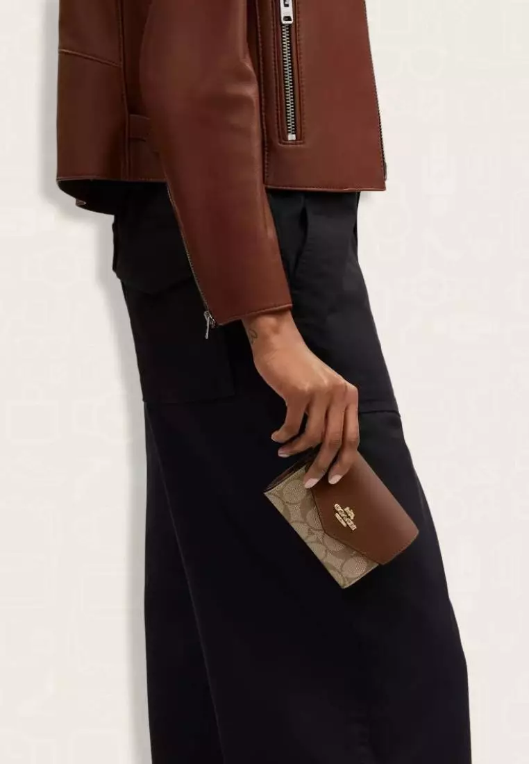 Coach Mini Envelope Wallet With Strap In Signature Canvas Khaki Saddle