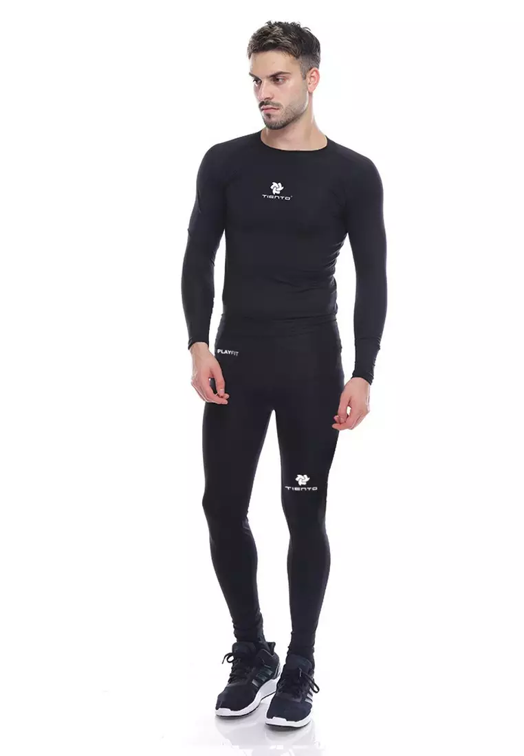 Tiento Man Long Pants Black White Celana Legging Pria Olahraga Renang Sepakbola Lari Original