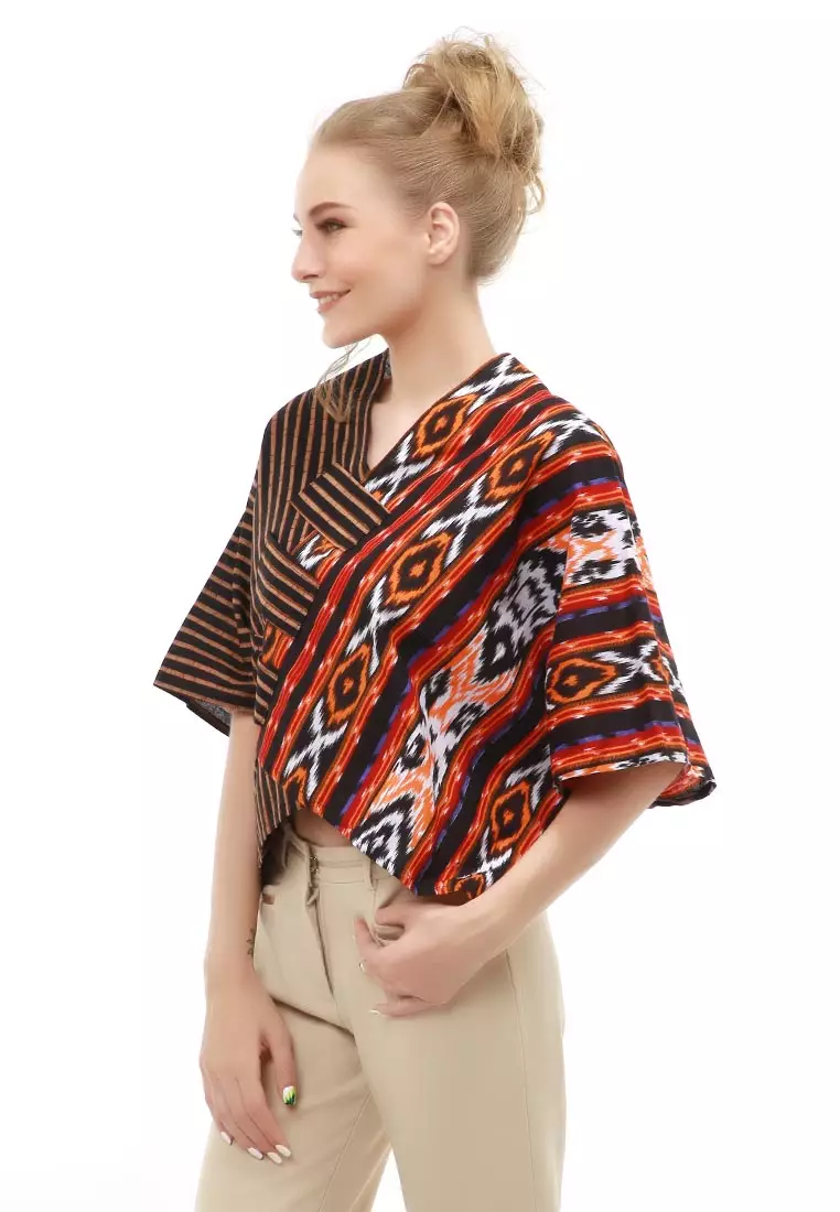 Lynelle Atasan Formal Wanita Blouse Crop Top Batik Songket Material Cotton ORIGINAL - Orange