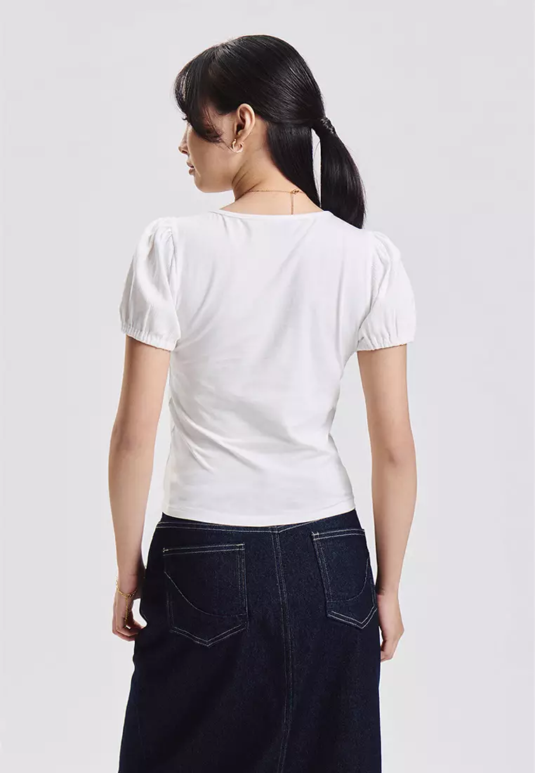 Cropped Pointelle Puff Sleeve Top