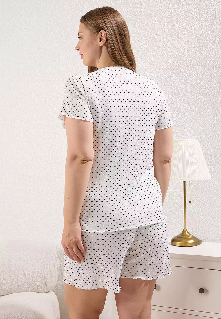 Ecru Heart Patterned Buttoned Camisole Shorts Knitted Pajama Set Tbbss25Ai00104