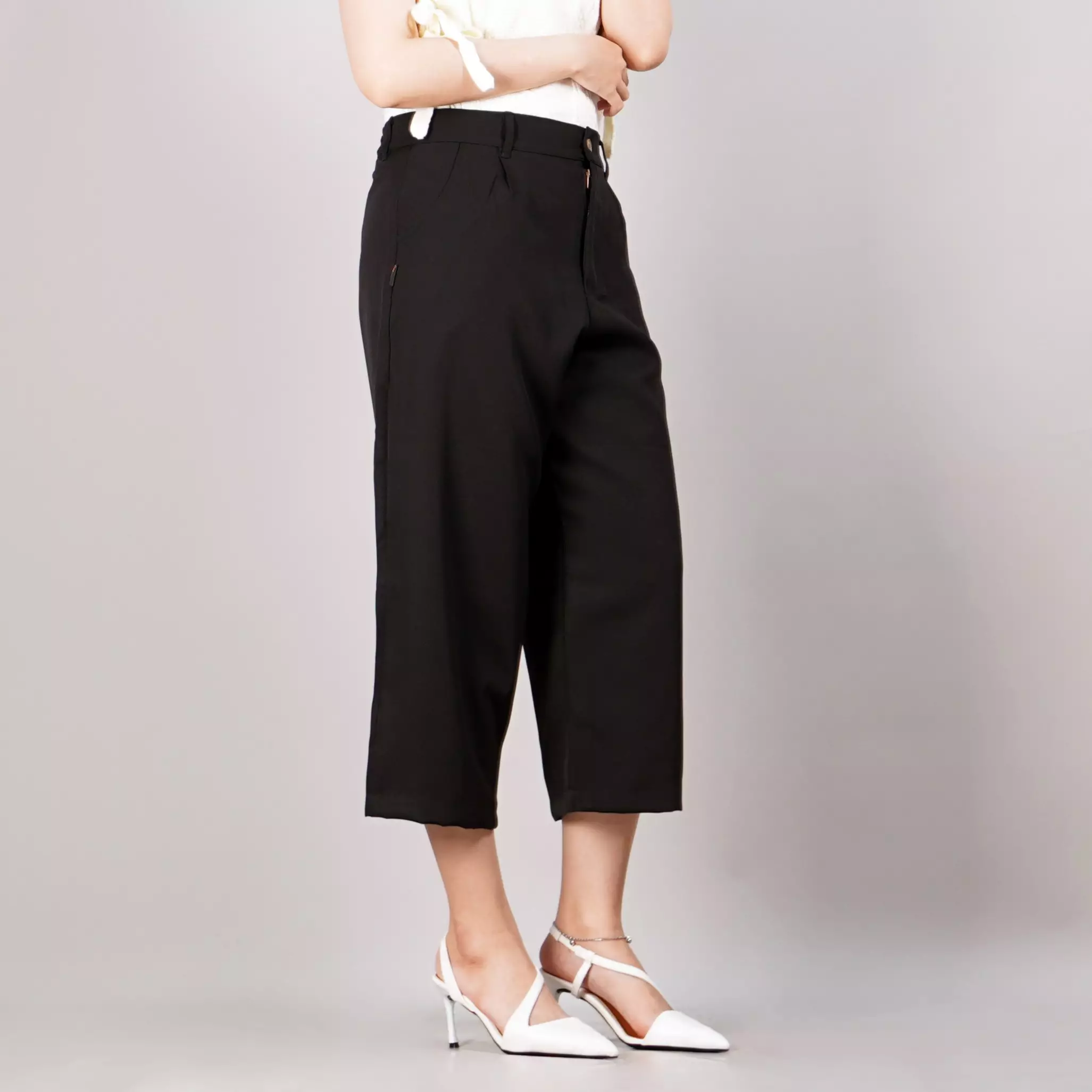 MONICA Celana Cropped Wide Leg Celana Wanita 3/4 Celana High Waist Wide Leg Pants - HITAM