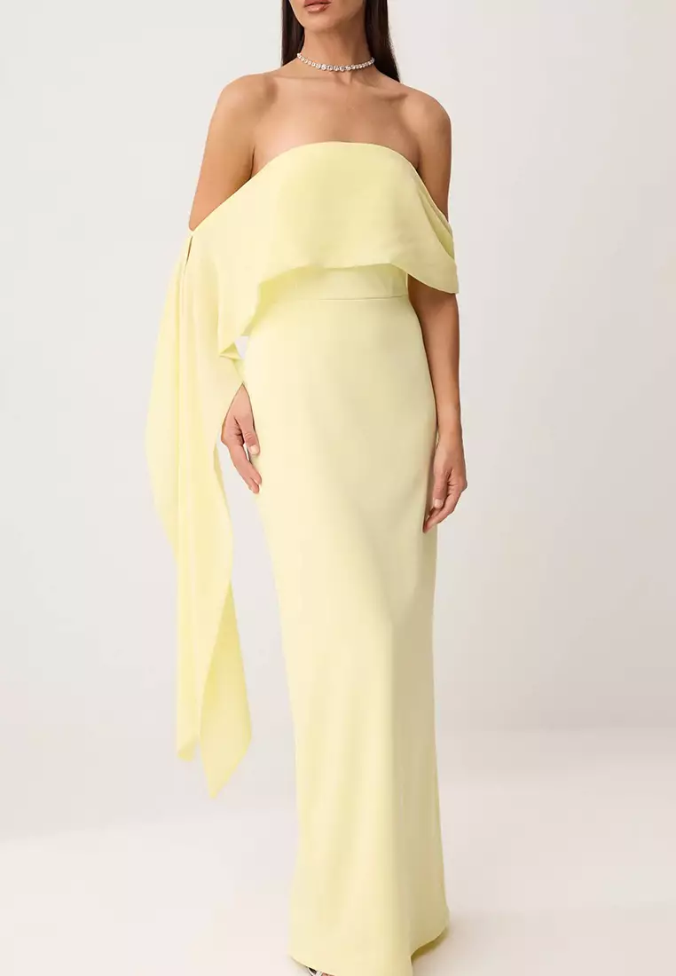 Light Yellow Plain Woven Finike Maxi Evening Dress & Graduation Dress