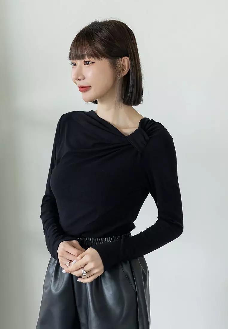 Solid Fit Long-Sleeve Top with Gathered Waist and Ruched Neckline [AB19958]
