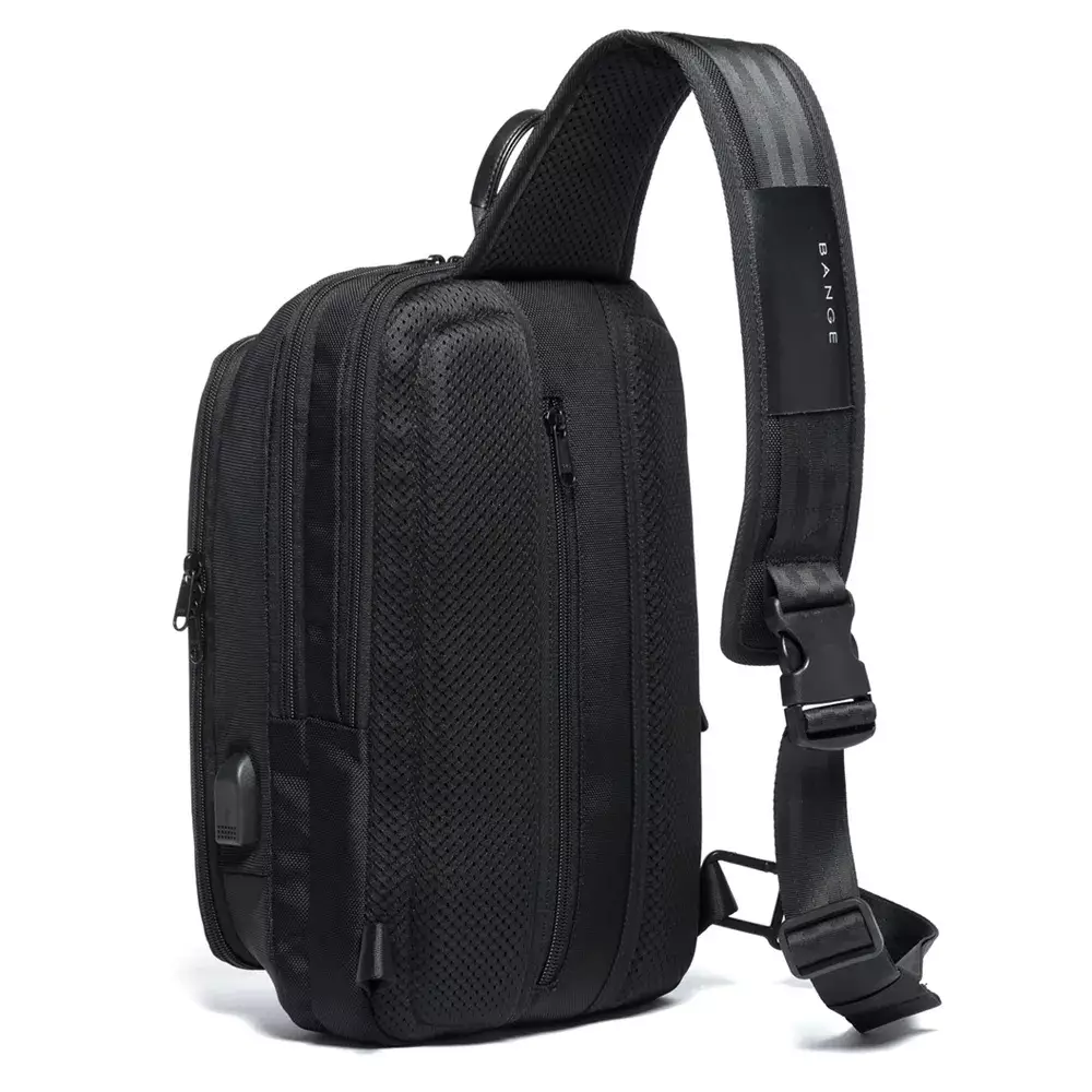 Bange BG7079 Tas Selempang Pria Waist Bag Pria Sling Bag Pria USB - BLACK