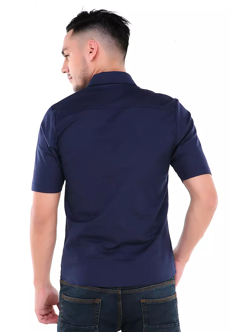 Dwan Atasan Kemeja Pria Three Lines Slim Fit Casual Shortsleeve Shirt Material Cotton ORIGINAL - Navy