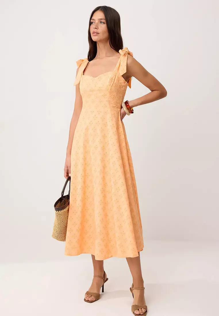 Salmon Straight Tie Detailed Maxi Woven Dress Twoss25El863