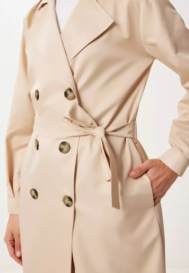 Women's Cream Double Breasted Collar Belted Seasonal Trench Coat Dd01374