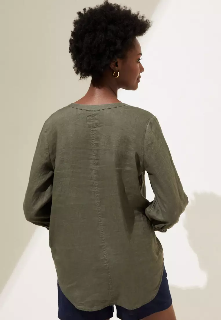 Pure Linen Collarless 3/4 Sleeve Blouse