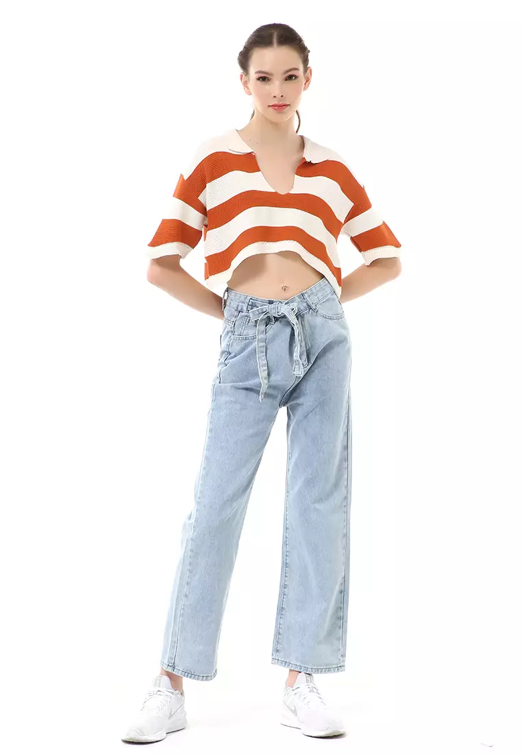 Albertine Atasan Crop Wanita Lengan Pendek Motif Salur Material Rajut ORIGINAL - Bata