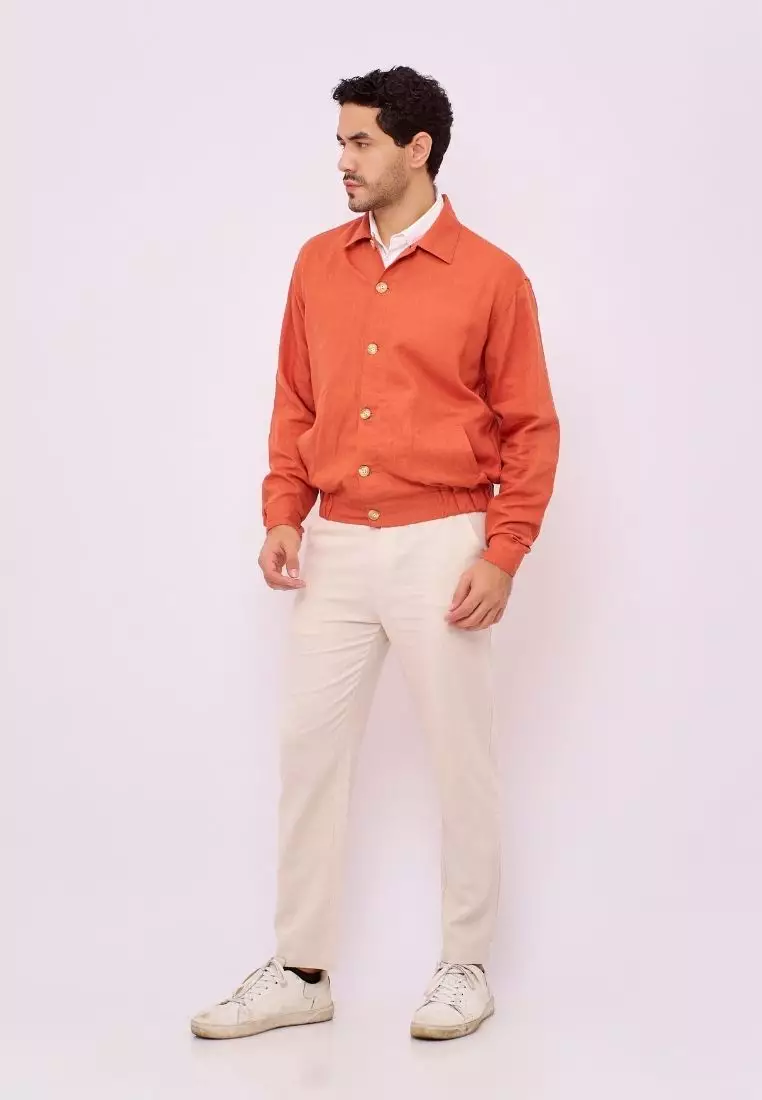 Aneto Jaket Bomber Pria Linen Warna Terracotta | Linen Bomber Jacket Men Terracotta