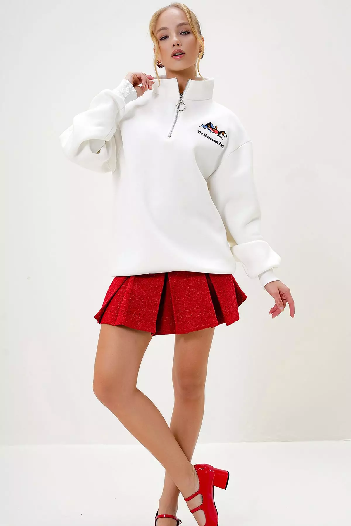 Women's Ecru Half Turtleneck Zippered Front Embroidered Inside Out Sweatshirt