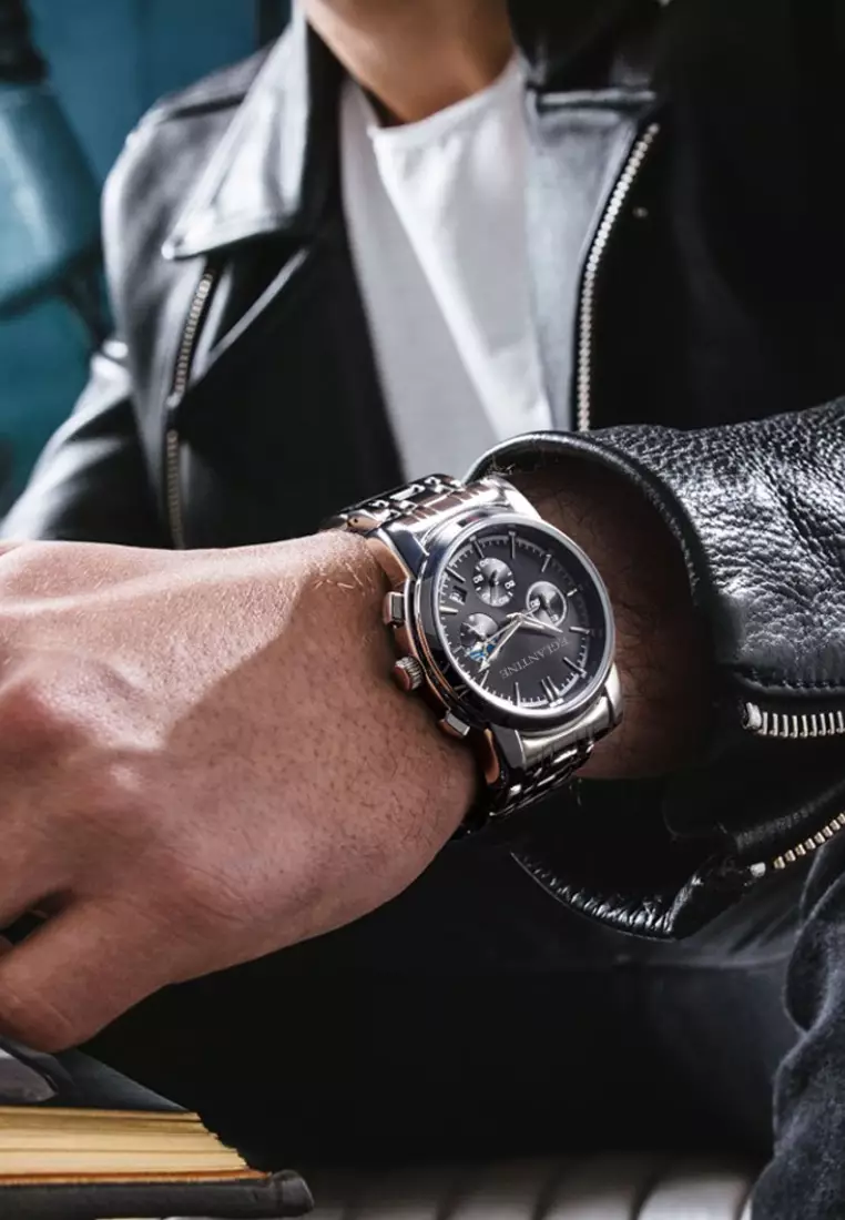 FREJUS Unisex Chronograph Quartz Watch, Black Dial, 40mm, Stainless Steel Bracelet