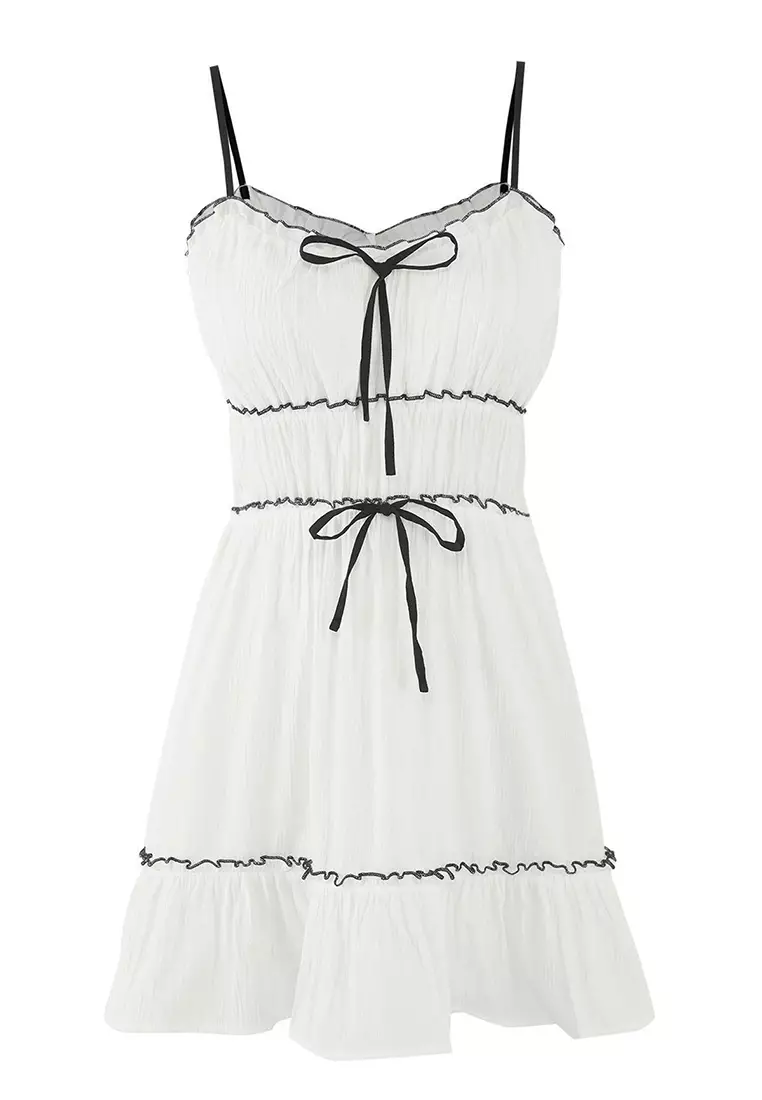 White Textured Ribbon Detailed Piping Beach Dress Tbess25El00147
