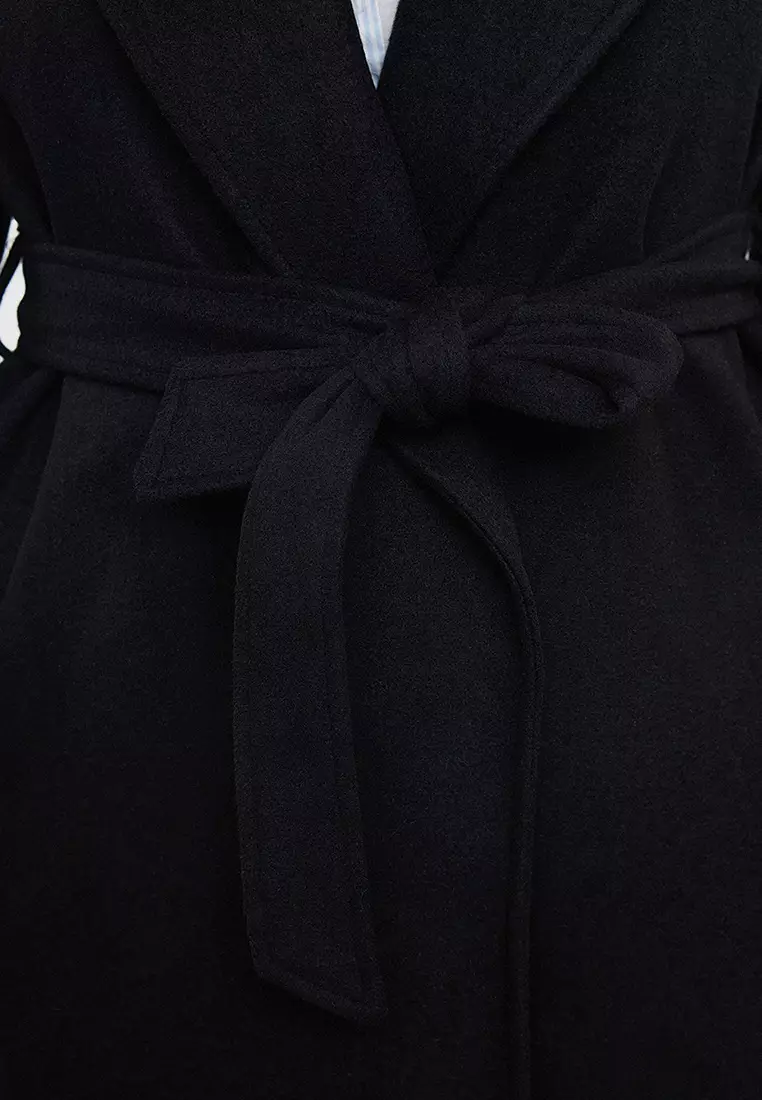 Black Regular Fit Wide Collar Detailed Long Wool Blend Cashew Coat Tbbaw25Dd00011
