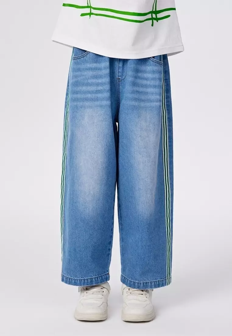 Semi Faded Denim Long Pant with Bright Stripe