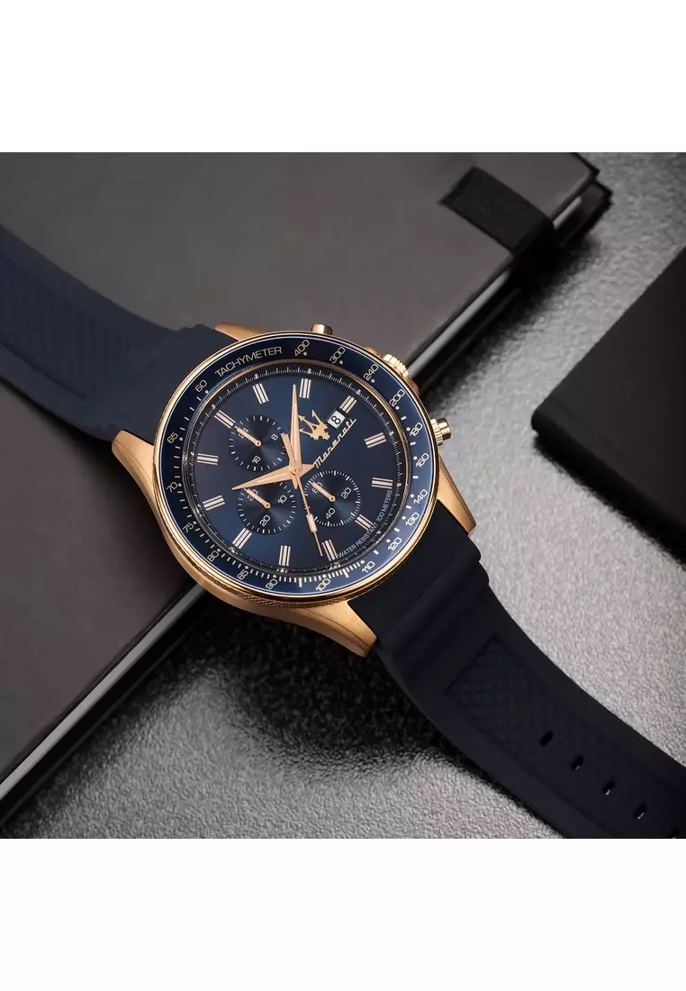 【2 Years Warranty】Maserati Sfida 44mm Blue Dial Blue Silicone Men's Chronograph Quartz Watch R8871640004 With Luminous Dial Hands