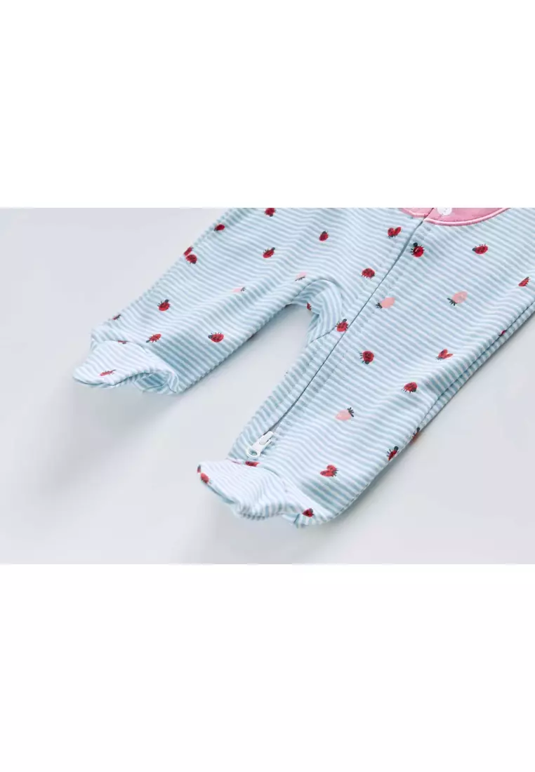 Baby Cotton Sleepsuit Blue Stripes Strawberry Two Way Zipper All In One Jumpsuit Feet Cover