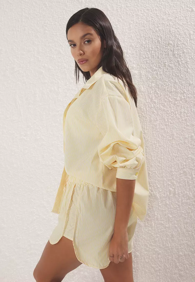 Yellow Striped Shirt Shorts Beach Set TBESS25AU00053