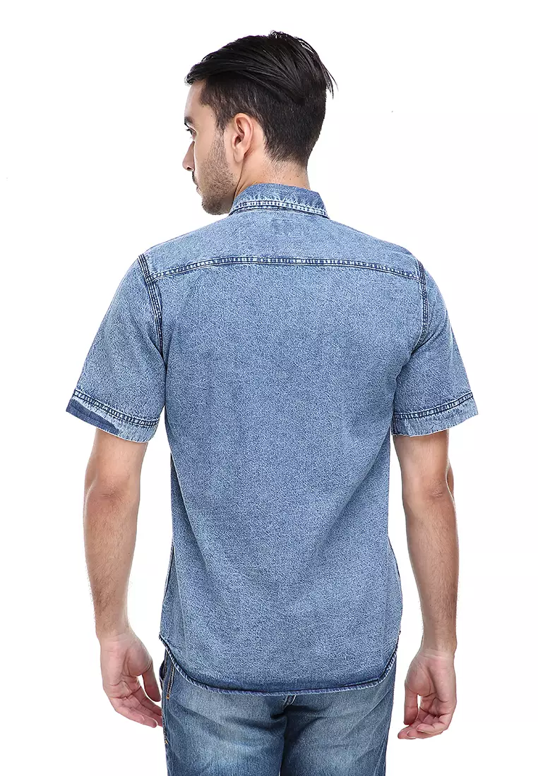Dwan Casual Shirt Baju Kemeja Jeans Pria Lengan Pendek Material Denim ORIGINAL - Light Tash
