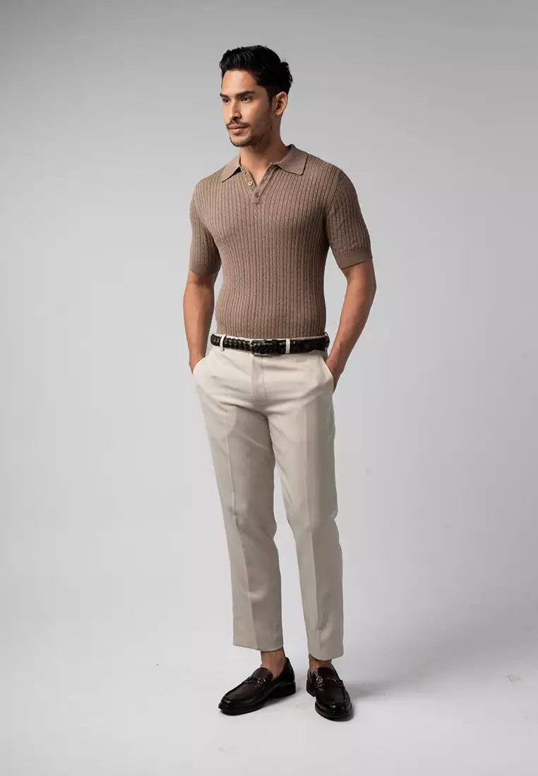 Mens Cable Knit Cotton Polo Light Brown