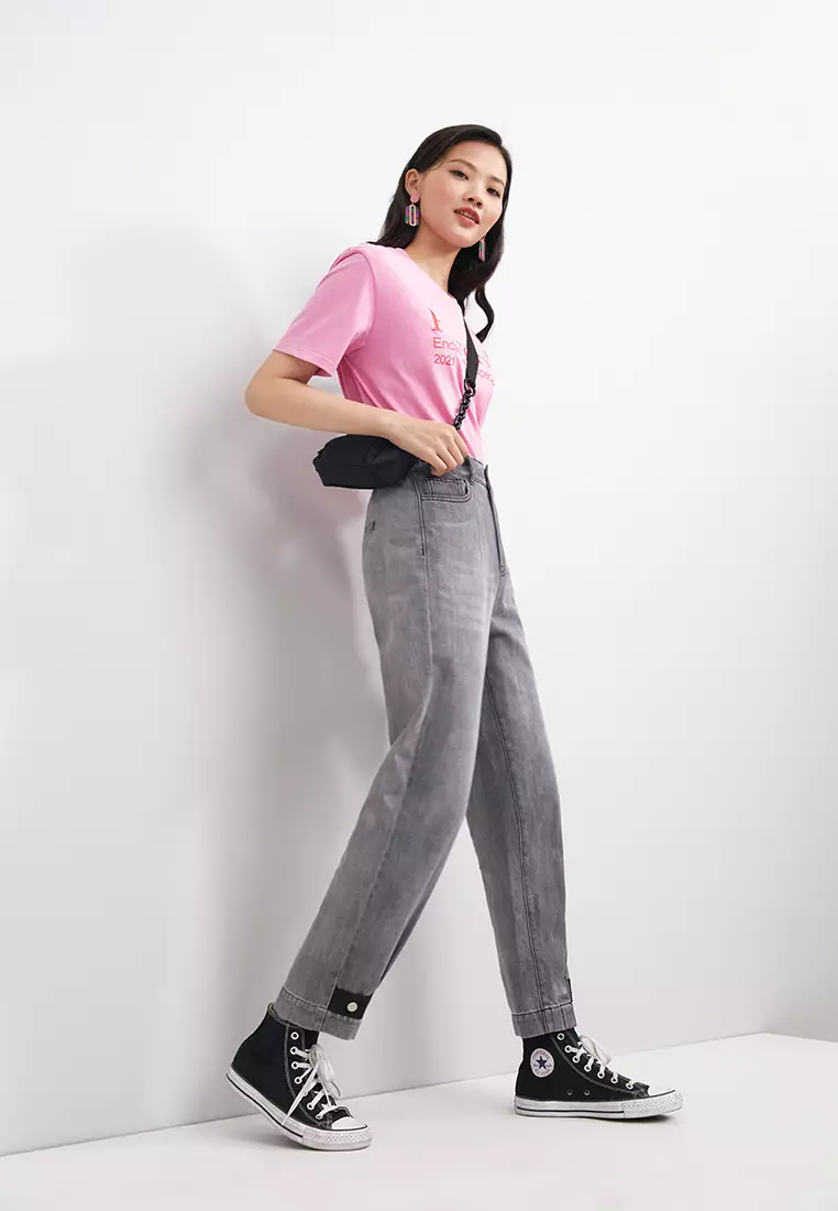 Button Zip Fly Washed Jeans