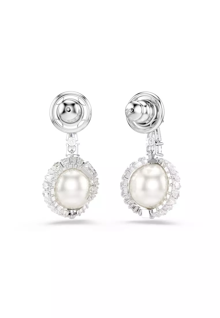 Snake drop earrings, Crystal pearl, Mixed cuts, Year of the Snake, White, Rhodium plated