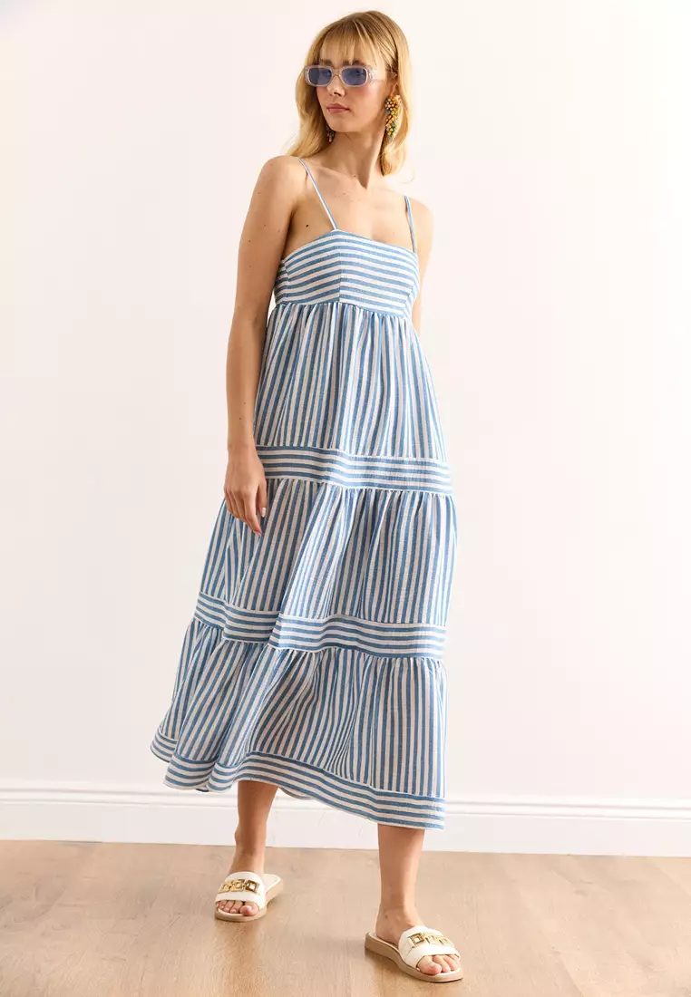 Strap Adjustable Pocket Striped Maxi Dress