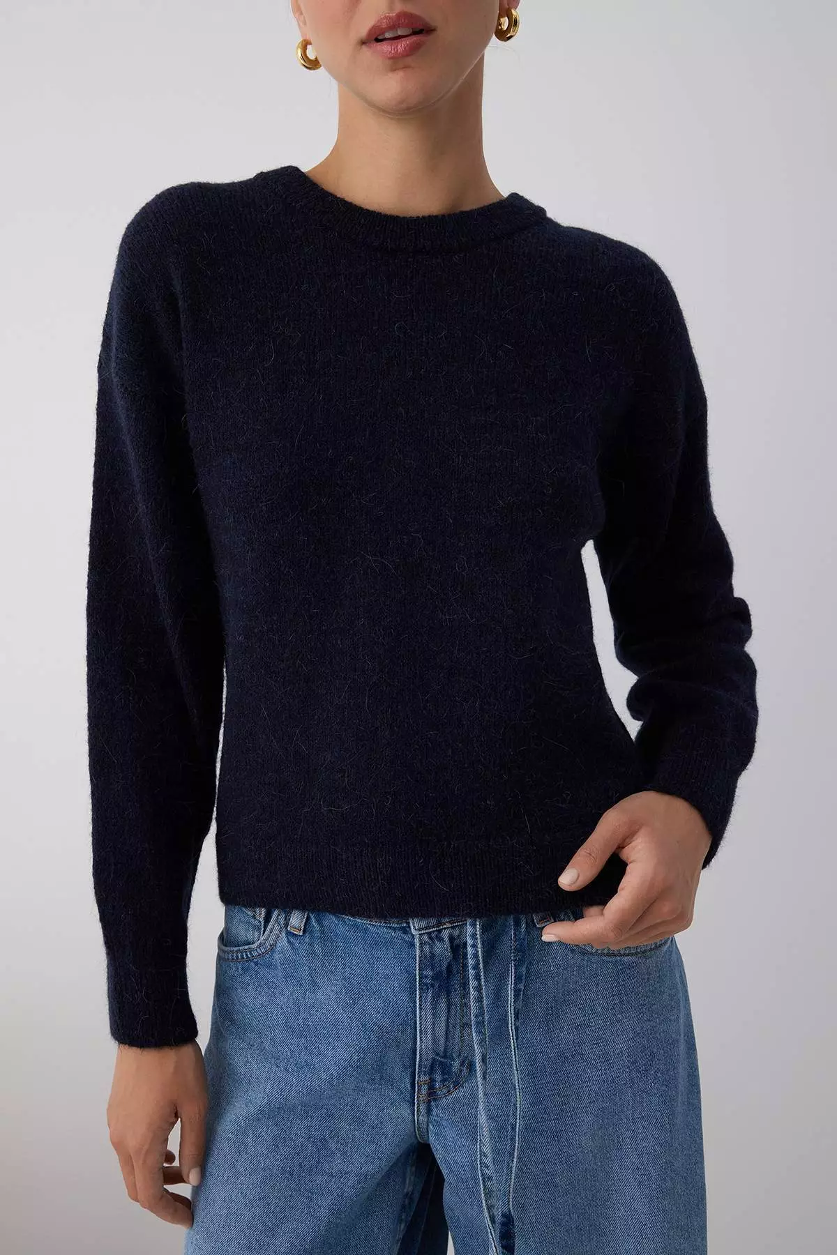 Navy Blue Alpaca Wool Blended Wide Fit Premium Yarn Knitwear Sweater
