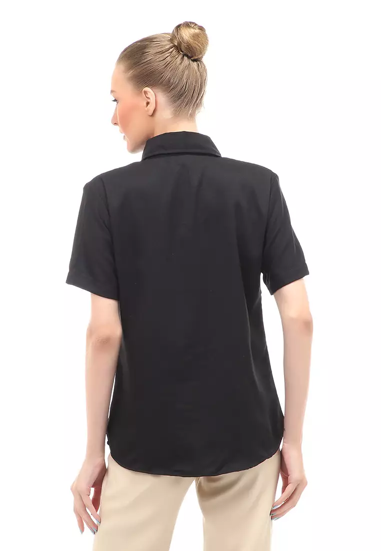 Shirt Atasan Wanita Lengan Pendek Detail Saku Motif Polos Design Simple - Hitam