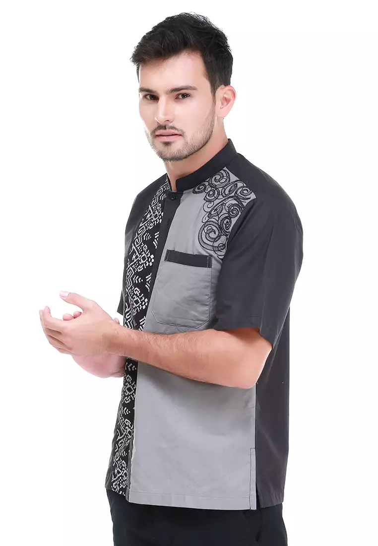 Dwan Kemeja Batik Pria Two Tone Atasan Formal Shortsleeve Shirt Material Cotton ORIGINAL - Black