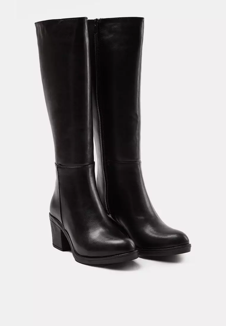 Black Zip-Up Round Toe Women's Block Heeled Boots Takaw25Cz00004