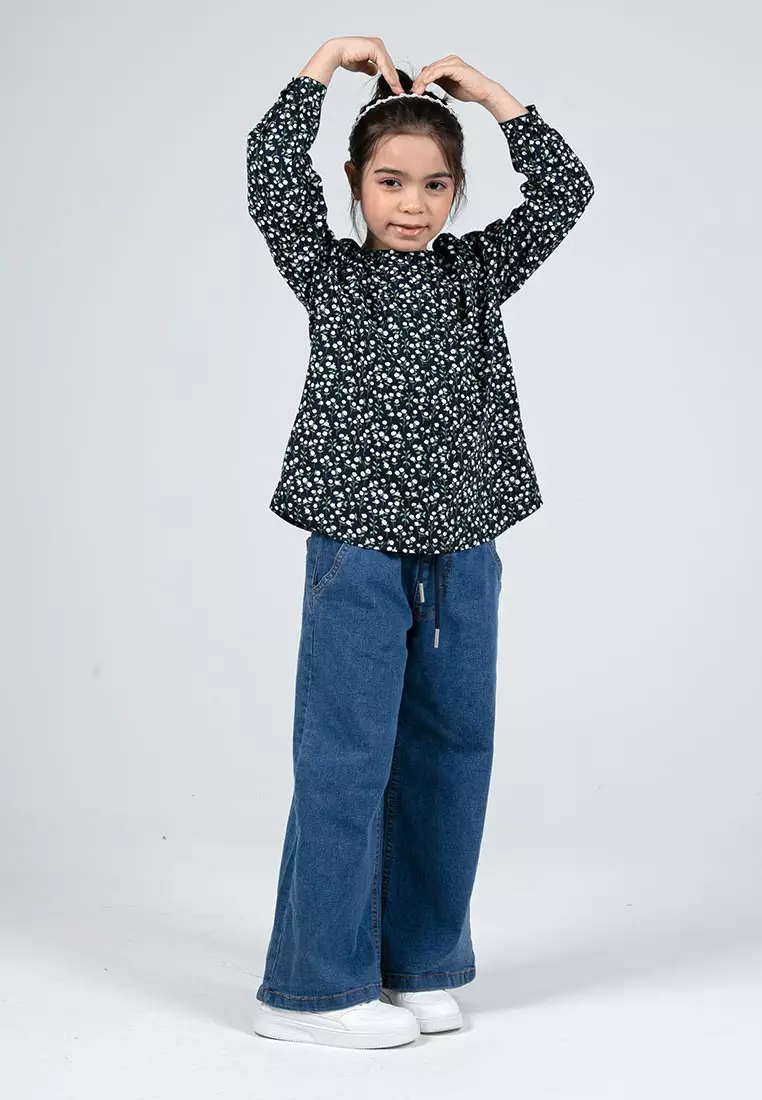 Forest Kids Girls Floral Pattern Cotton Button Blouse Woven Long Sleeve Top - FK820084-30DkBlue