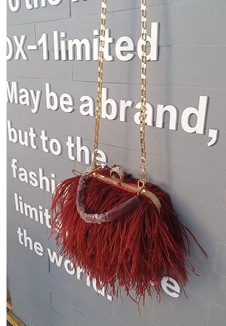 Ostrich Feather Ring Buckle Chain Crossbody Shoulder Small Square Bag