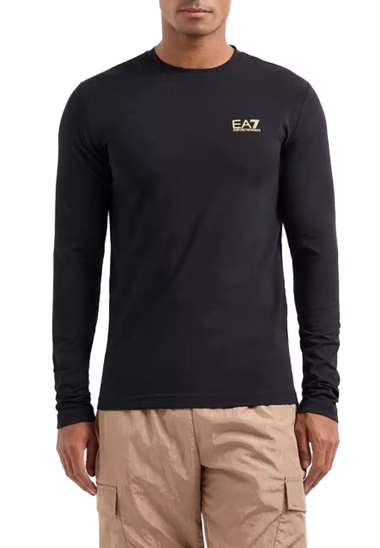 EA7 Men’s Core Identity Long-Sleeved Cotton T-Shirt in Black 8NPT28 PJVQZ