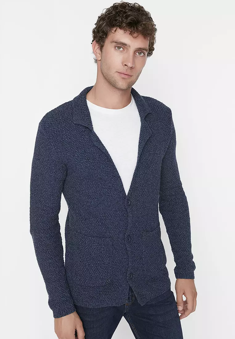 Slim Fit Jacket Collar Textured Pocket Knitwear Cardigan