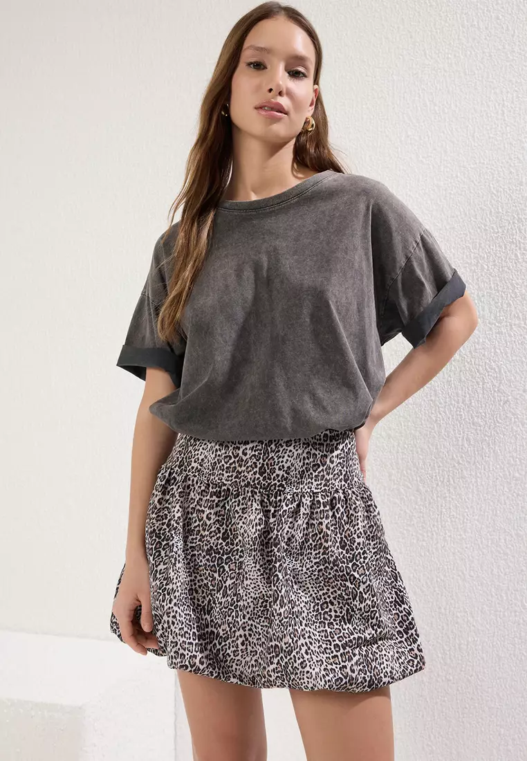 Multicolored Animal Leopard Pattern Balloon Detail Mini Length Woven Skirt