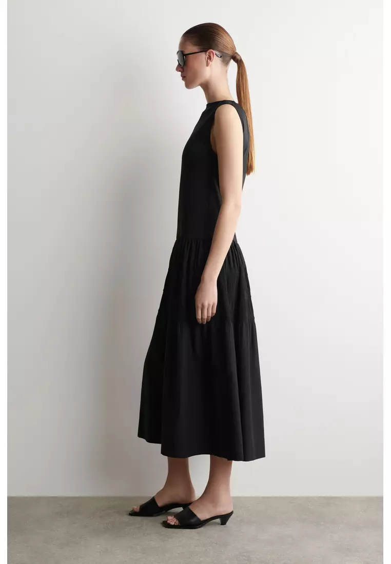 TIERED GATHERED MIDI DRESS