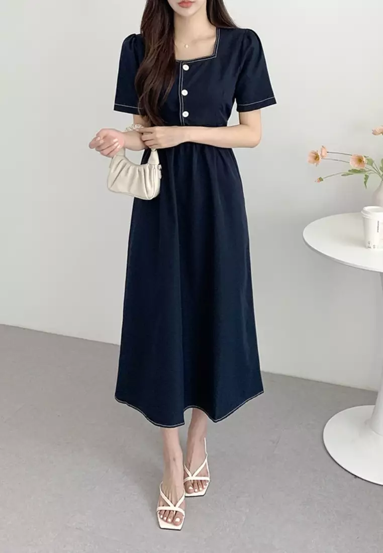 法式復古方領時尚連衣裙CA26033036BK