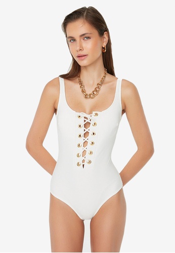 Trendyol white Lace Up Eyelet Swimsuit 9D062USDD923C1GS_1