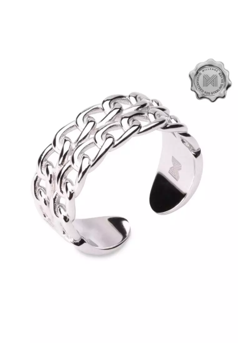 Millennia 2000 Double Chain Link White Gold Ring with 925 Sterling Silver