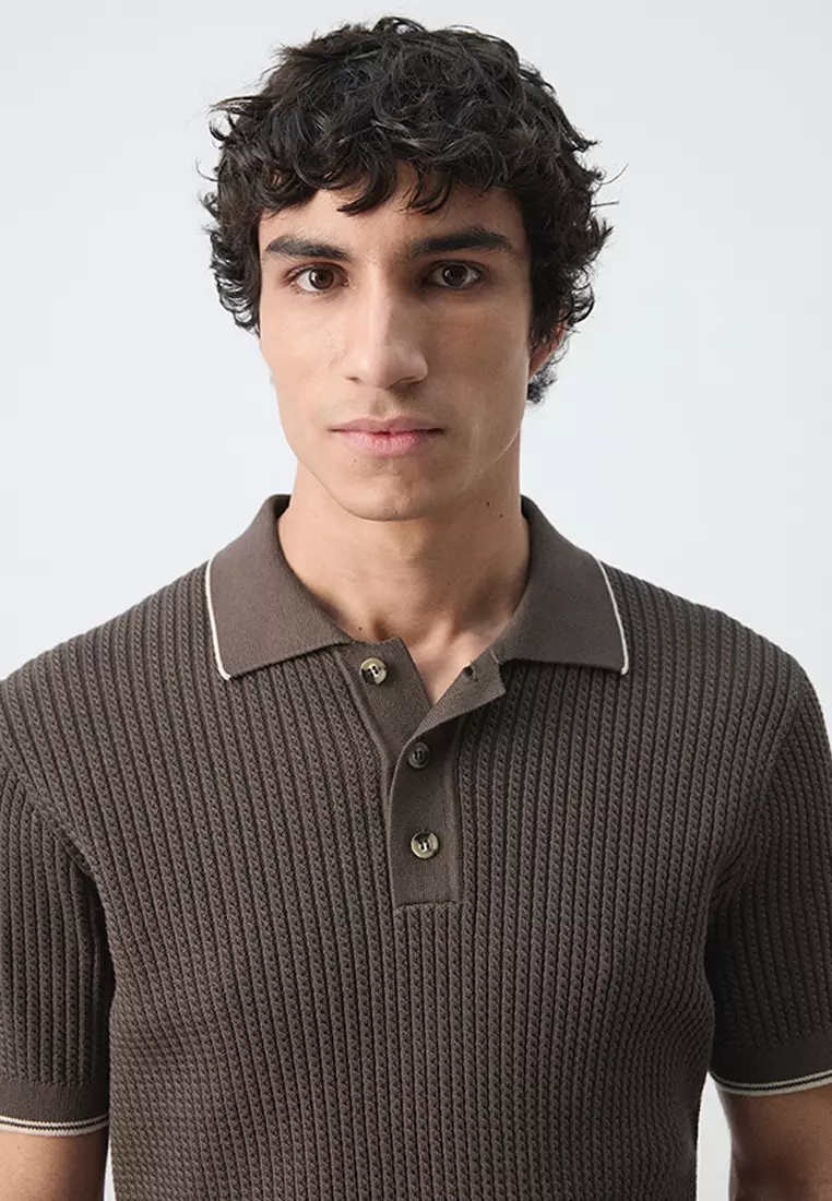 Fine-Knit Herringbone Polo Shirt