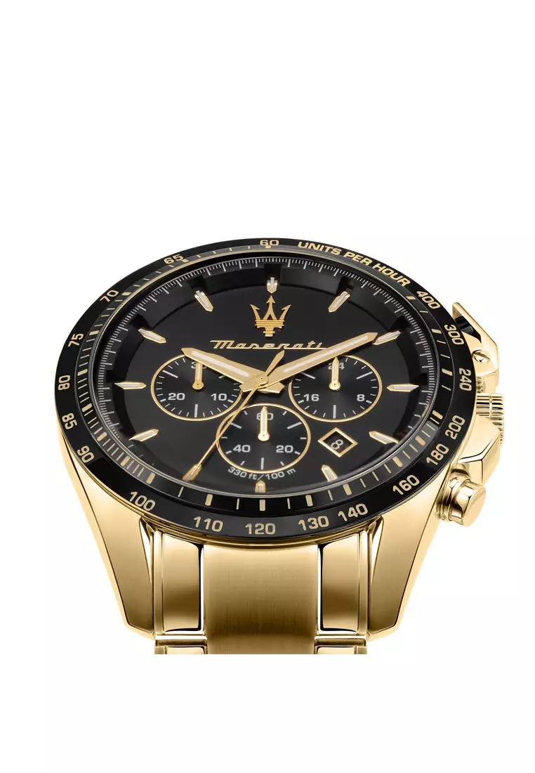 【2 Years Warranty】Maserati Traguardo 45mm Black Dial Gold Stainless Steel Strap Men's Chronograph Quartz Watch R8873612041 With Luminous Dial Hands